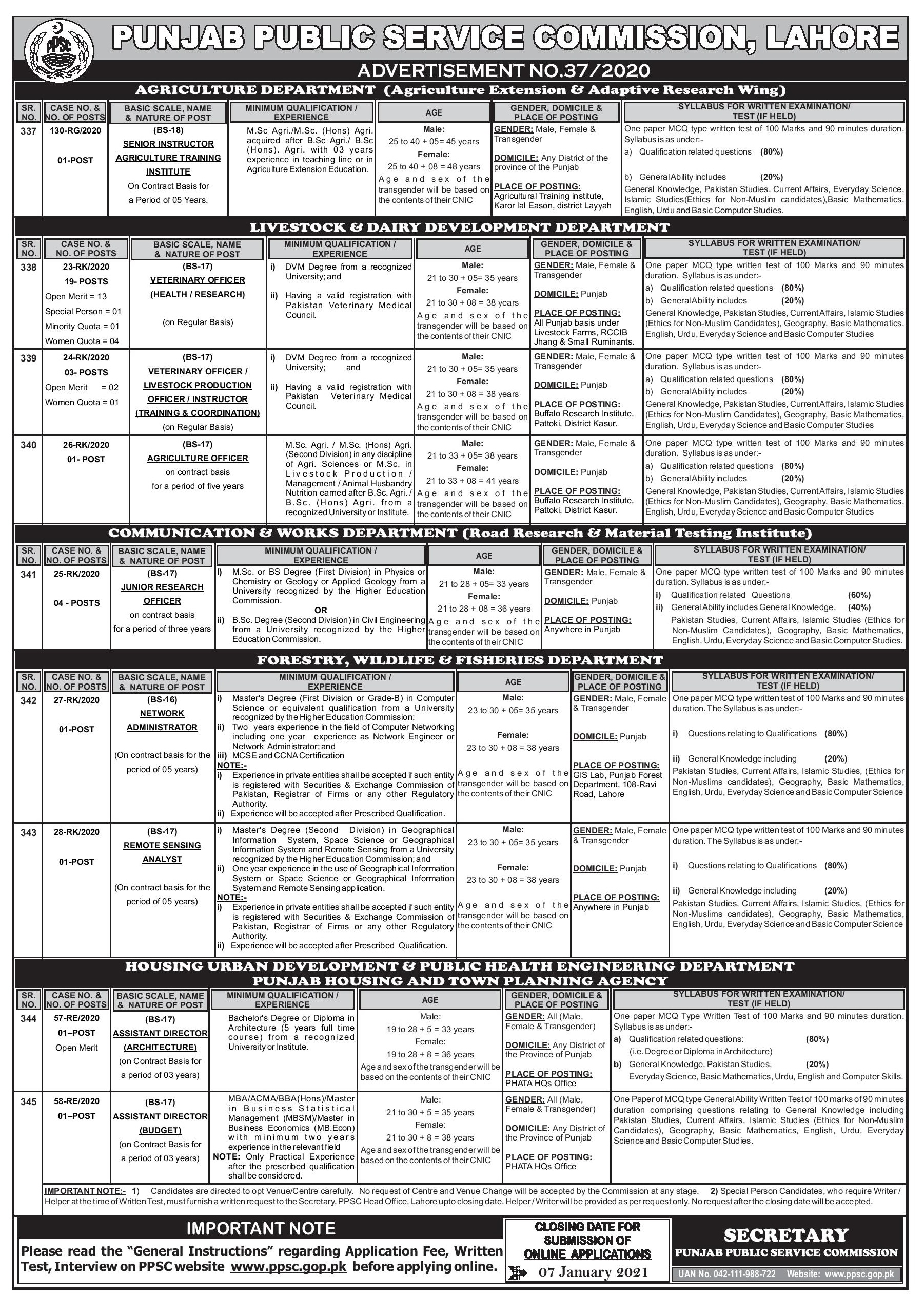 PPSC Jobs January Apply Online Advertisement Number 37