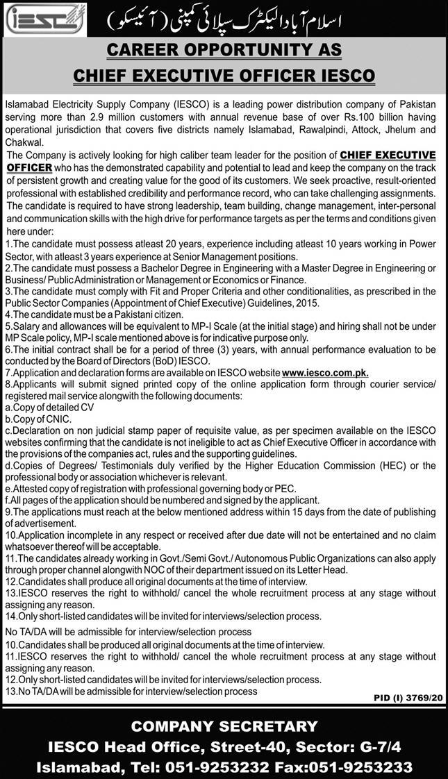 IESCO Jobs For Chief Executive Officer 2023