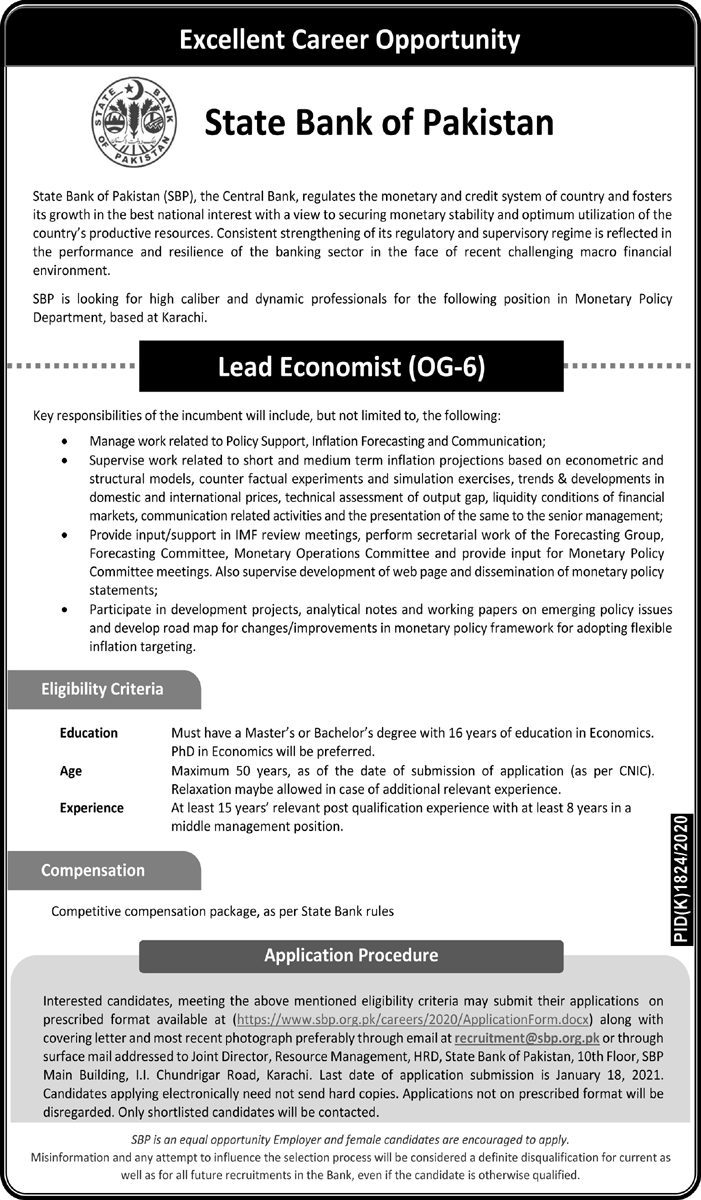 State Bank of Pakistan Lead Economist Jobs SBP 2022